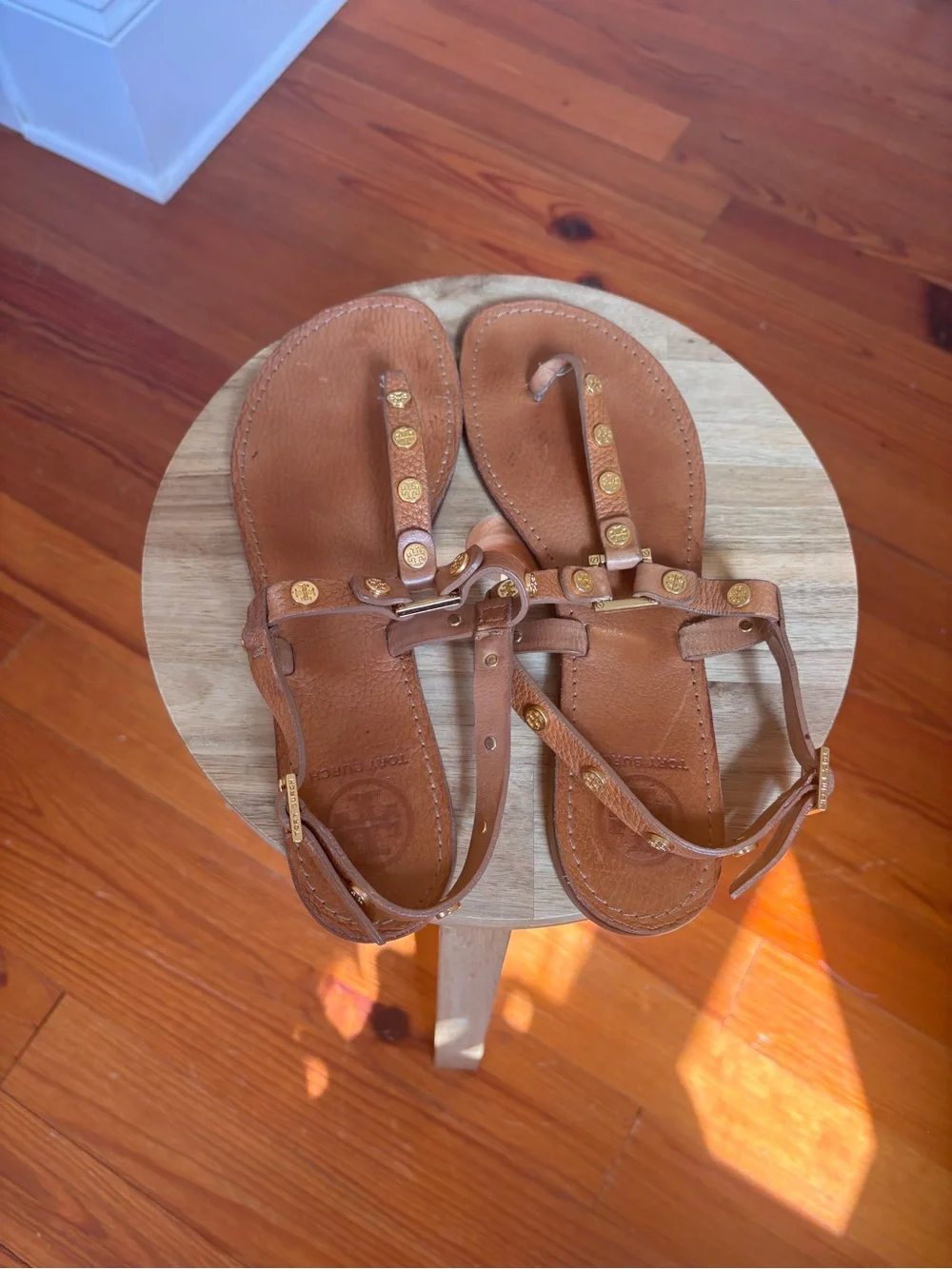 Tory Burch Cognac Leather T-Strap Sandals with Gold Logos